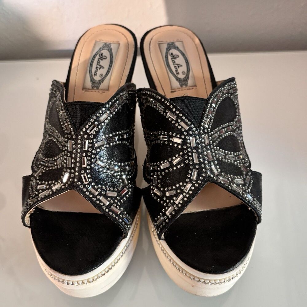 Italina Shoemakers Black Rhinestone Platform Wedge Slide‎ Sandals Womens EU 38